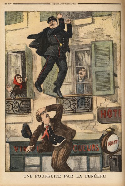 Un agente di polizia di Montreuil non esita a lanciarsi dalla finestra per inseguire un ladro, che ha appena saltato per sfuggire ai suoi inseguitori. Incisione in "Le petit journal" 17/12/1899. Collezione Selva da Unknown artist