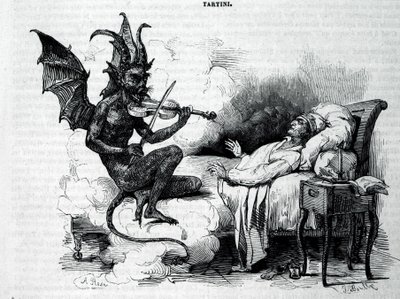 Un satiro che suona il violino davanti a Giuseppe Tartini (1692 - 1770), compositore, violinista e teorico italiano. Incisione del XIX secolo. da Unknown artist