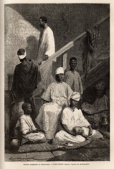 Una famiglia senegalese di Saint Louis. Incisione per illustrare una crociera sulla costa africana, di Vice-Ammiraglio Fleuriot de Langle, pubblicato in "Le tour du monde", edito da Edouard Charton, edizione Hachette, Parigi da Unknown artist