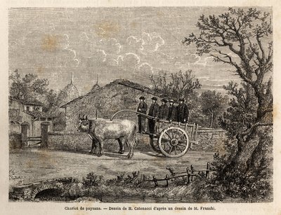 Un carro senese di contadini, a due ruote, per il trasporto di botti di vino, trainato da una coppia di piccoli buoi bianchi. Incisione per illustrare un viaggio a Siena (Italia) nel 1865, in 