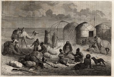 Campo turcomanno al confine tra Turkestan e Persia. Incisione per illustrare la storia di Henri de Blocqueville 