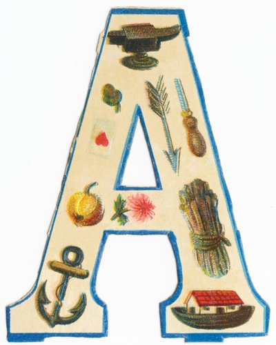 A: incudine, carciofo, freccia, asso di cuori, lesina, mela, astro, ancora, arco di Noè, asparagi da Unknown artist