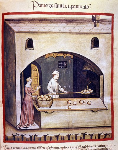 Un fornaio prepara pane bianco e pane di semola. Miniatura dal trattato di medicina e dietetica 