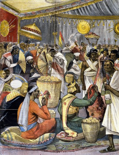 Un banchetto alla corte del Re Menelik II (1844 - 1913) in Etiopia. Illustrazione per la stampa della fine del XIX secolo. da Unknown artist