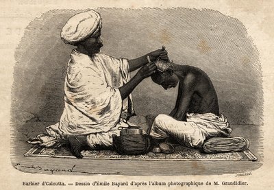 Un barbiere che lavora per strada a Calcutta. Incisione per illustrare il viaggio nelle province meridionali dell