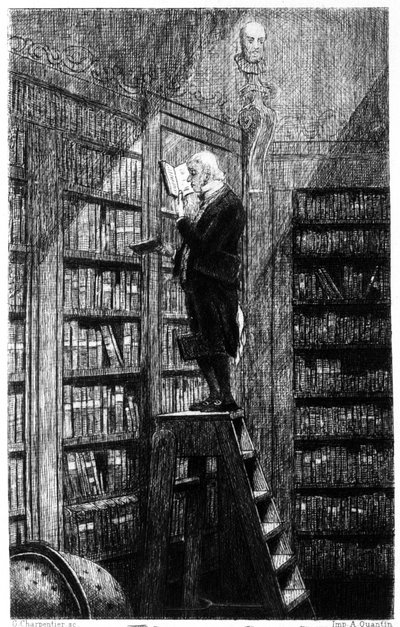 Un bibliotecario sulla sua scala che esamina i libri sugli scaffali. Incisione del XIX secolo da Unknown artist