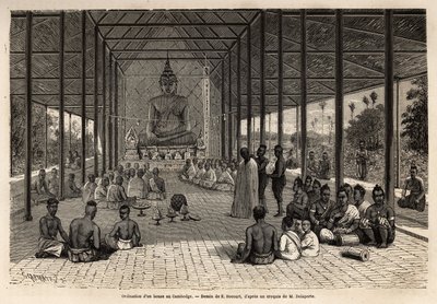 Cerimonia di ordinazione di un bonzo in un tempio nei pressi di Angkor, Cambogia, incisione per illustrare il viaggio di esplorazione in Indocina, di Francis Garnier, 1866-1868 da Unknown artist
