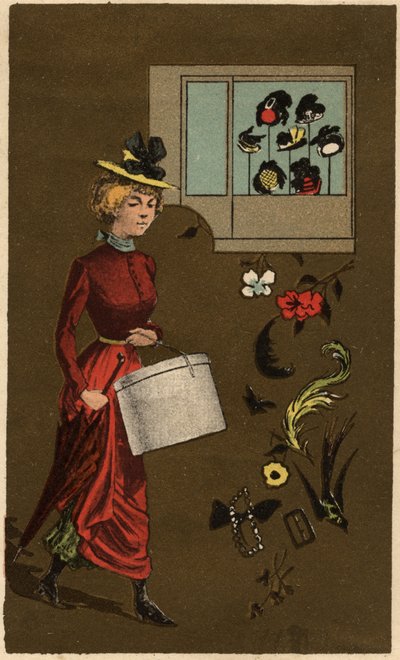 Una donna borghese che porta una cappelliera, cromolitografia anonima, fine XIX secolo. da Unknown artist