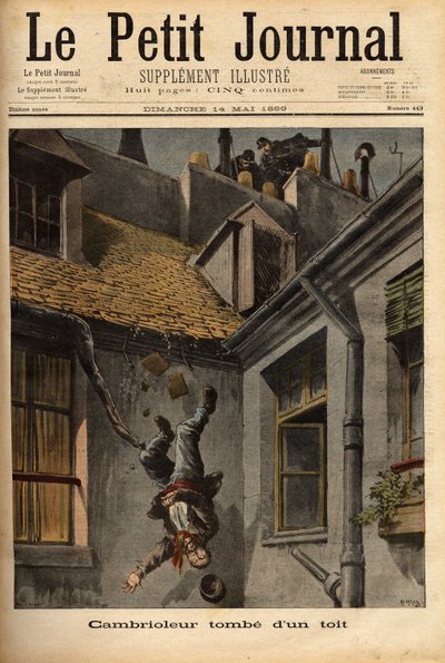 Un ladro cade dai tetti di Rue Notre Dame a Nazareth, nella sua precipitazione per fuggire davanti agli agenti di polizia. Incisione in "Le petit journal" 14/5/1899. Collezione Selva da Unknown artist