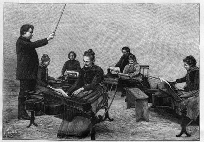Un concerto di monocordi eseguito da ragazze. Incisione in "La Nature. Revue des sciences et de ses applications aux arts et à l