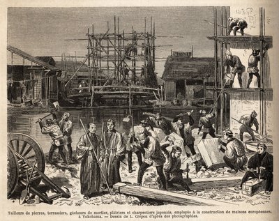 Un cantiere per una casa europea a Edo (Tokyo) con tagliapietre, terrassieri, gacheers di malta, intonacatori e carpentieri impiegati lì. Incisione per illustrare il viaggio in Giappone, di Aime Humbert, ministro della Confederazione Svizzera, nel 1863-18 da Unknown artist