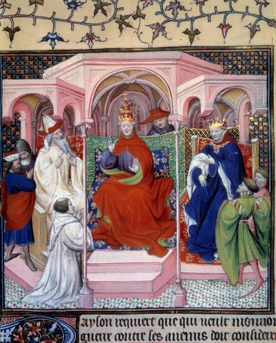 Un consiglio presieduto da Papa Clemente V (1264-1314) (alla presenza di un re probabilmente Filippo il Bello). Miniatura tratta da La Fleur des histoires de la terre d
