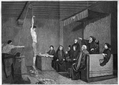 Un tribunale nel XV secolo - interrogatorio. La questione è sospesa con pesi ai piedi. Incisione dal dipinto di Adolphe Steinheil (1850-1908) presentato al Salon del 1875. da Unknown artist
