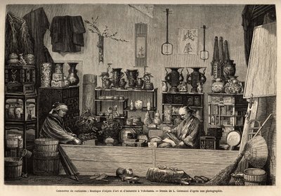 Un negozio di curiosità a Yokohama. Incisione per illustrare il viaggio in Giappone, di Aimé Humbert, ministro della Confederazione Svizzera, nel 1863-1864, pubblicato in "Le tour du monde" 1869, a cura di Edouard Charton, edizione Hachette, Parigi. Collez da Unknown artist