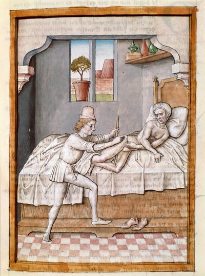 Un medico cura un paziente (miniatura da una traduzione tedesca delle favole di 