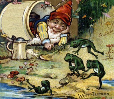 Un nano o farfadet che gioca con le rane. Cromolitografia del XIX secolo da Unknown artist