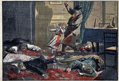 Una famiglia assassinata: omicidio della famiglia Leblond da parte di Caillard, un forsennato, a Nassandre, vicino a Bernay. Illustrazione in "Le Pelerin" del 10 aprile da Unknown artist