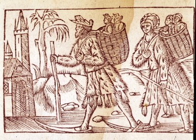 Una famiglia di norvegesi che viaggia sugli sci. Incisione di Olaus Magnus (1490 - 1557), religioso e geografo svedese, Historia de Gentis Septentrionalibus, Venezia da Unknown artist