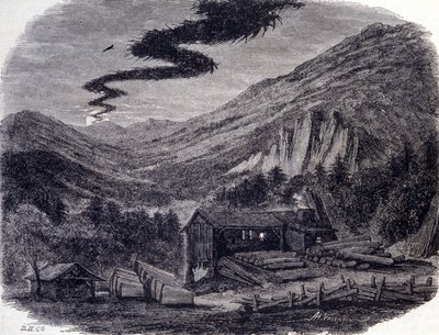 Una caccia fantastica (aerea o selvaggia) o Menee (la Menee Hellequin) o Mesnie nei Vosgi, una tempesta notturna che secondo le leggende popolari si manifesta dopo una maledizione o un sabba di streghe. Incisione del XIX secolo da Unknown artist