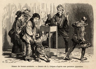 Una chiromante per le strade di Edo (ora Tokyo). Incisione per illustrare il viaggio in Giappone, di Aime Humbert, ministro della Confederazione Svizzera, pubblicato in "Le tour du monde", edito da Edouard Charton, edizione Hachette, Parigi da Unknown artist