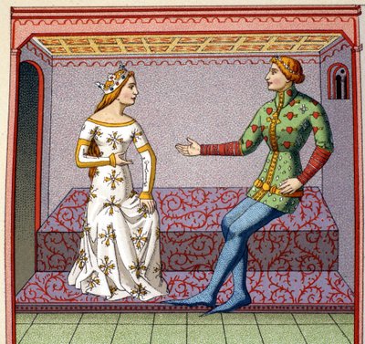 Una scena galante nel Medioevo: un giovane corteggia una principessa. Falso collegio da un manoscritto. 19° secolo. da Unknown artist