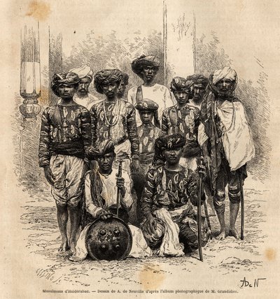Un gruppo di uomini musulmani a Haiderabad, Pakistan. Incisione per illustrare il viaggio nelle province meridionali dell