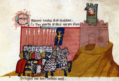 Un gruppo di cavalieri franchi arriva in un castello. Miniatura da 
