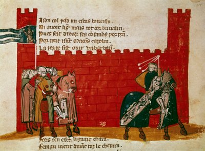 Un gruppo di cavalieri che lascia un castello in miniatura da 