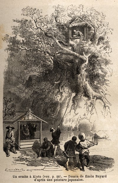 Un eremita a Kyoto (o Kioto), isolato in una capanna annidata tra i rami di un albero, su una piccola isola, l