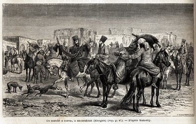 Una passeggiata a cavallo a Shurakhan (Kirghizistan o Kirghizistan). Disegno di Emile Bayard (1837-1891), per illustrare il viaggio in Asia Centrale, nel 1863, di Arminius Vambery (scienziato ungherese travestito da derviscio). Incisione in "Le tour du mon da Unknown artist