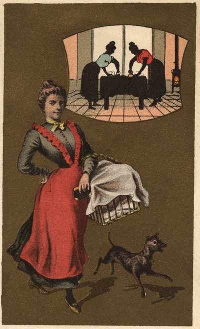 Una macchina per il bucato che trasporta il bucato in un cesto. Cromolitografia anonima, fine XIX secolo. da Unknown artist