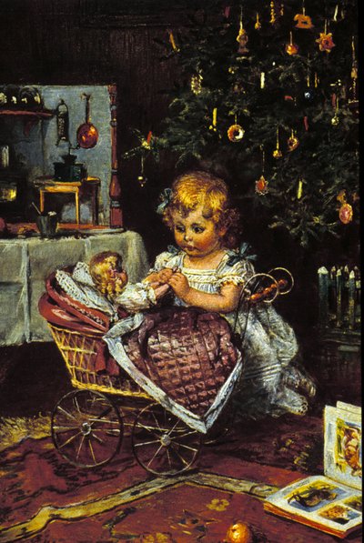 Una bambina scopre la bambola e la carrozzina sotto l