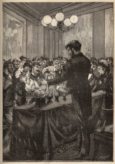 Un mago usa una scatola di noce moscata per far apparire e scomparire una palla. Incisione del 1885 in 
