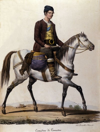 Un contadino a cavallo, nei pressi di Camastra in Sicilia. Incisione del XIX secolo da Unknown artist
