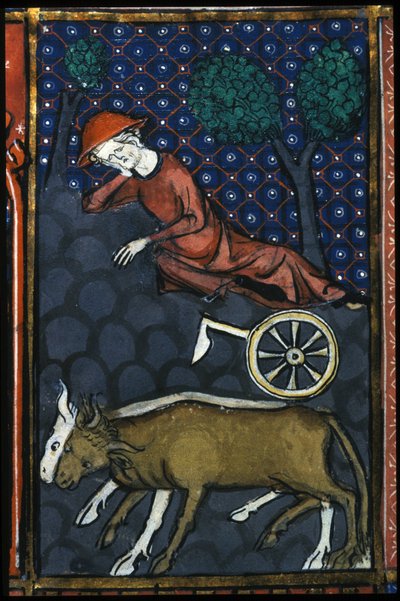 Un contadino che riposa, accanto a lui buoi e un aratro in miniatura del XIV secolo da Unknown artist