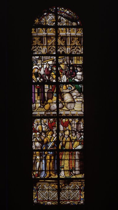 Un diritto ai pesi e alle misure, garantito dalla presenza di un controllore appropriato (in alto). Chilperico accolto dal vescovo di Tournai dopo la sconfitta da parte di suo fratello Sigeberto (in basso). Vetrata nella Cattedrale di Tournai: Transept des da Unknown artist