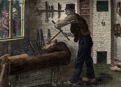 Un sabotatore al lavoro nella sua officina in Belgio, in "Le journal de la jeunesse 1888" da Unknown artist