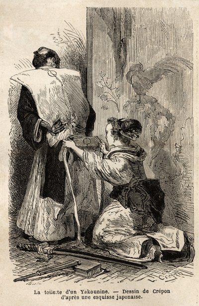 La toilette di un samurai, una giovane domestica la aiuta a legare il kimono. Incisione per illustrare il viaggio in Giappone, nel 1863-1864, di Aime Humbert, ministro della Confederazione Svizzera, in 