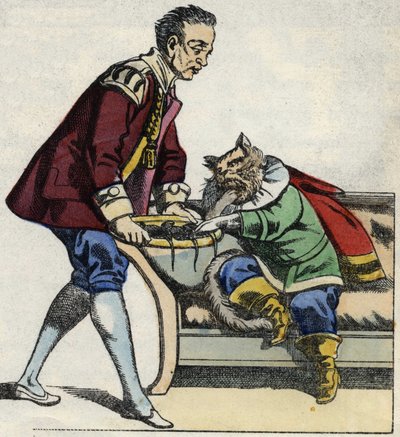 Un servitore serve al gatto con gli stivali un vassoio di topi. Illustrazione del racconto "Il gatto con gli stivali" di Charles Perrault da Unknown artist