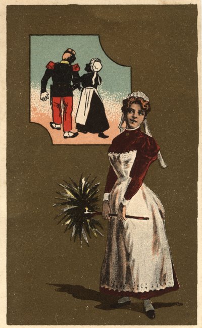 Una domestica con una piuma. Sogna il braccio di un bel soldato. Cromolitografia anonima, fine XIX secolo. da Unknown artist