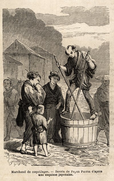 Un venditore di conchiglie in mezzo alla strada si alza in equilibrio sul barile contenente la sua merce, che traina con due lunghi bastoni. Incisione per illustrare il viaggio in Giappone, nel 1863-1864, di Aimé Humbert, ministro della Confederazione Sviz da Unknown artist