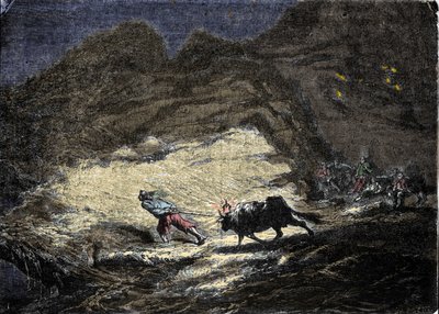 Un naufrago (pirata) usa una luce appesa alla testa di un bue per ingannare le navi che si avvicinano alla costa e si trovano alla mercé dei saccheggiatori. Incisione del XIX secolo da Unknown artist