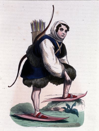 Un cacciatore sugli sci della tribù dei Samoiedi di origine mongola. da Unknown artist