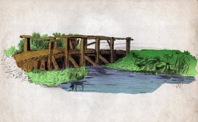 Un piccolo ponte di legno su un fiume da Unknown artist