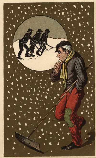 Un raccoglitore di neve con la sua pala. Cromolitografia anonima, fine XIX secolo. da Unknown artist