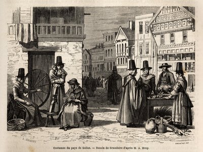 Una strada in Galles, con abitanti vestiti in costumi tradizionali e attività quotidiane: una famiglia di prima mano e donne che filano lana con ruote. Incisione per illustrare un viaggio nel paese di Galles, nel 1862, di Alfred Erny, in "Le tour du monde, da Unknown artist