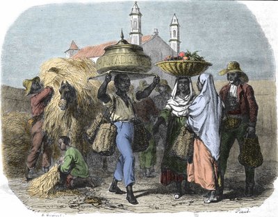 Un venditore ambulante di pane a Cuba, incisione del 1870 da Unknown artist
