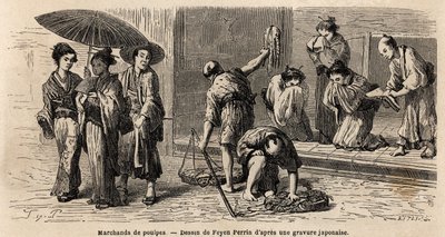 Un venditore ambulante di polpi offre i suoi prodotti ai passanti, sulla via Edo (o via Yedo, ora Tokyo) da Unknown artist