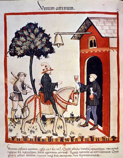 Un viaggiatore è accolto in una locanda e gli viene offerto un bicchiere di vino. Miniatura dal "Tacuinum sanitatis" da Unknown artist