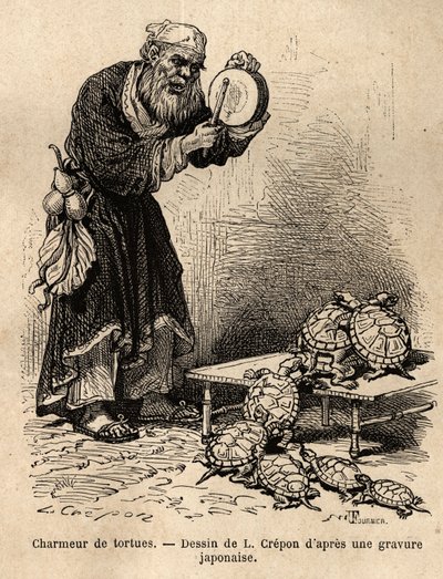 Un incantatore di tartarughe, incisione per illustrare il viaggio in Giappone di Aime Humbert, ministro della Confederazione Svizzera, 1863-1864 da Unknown artist